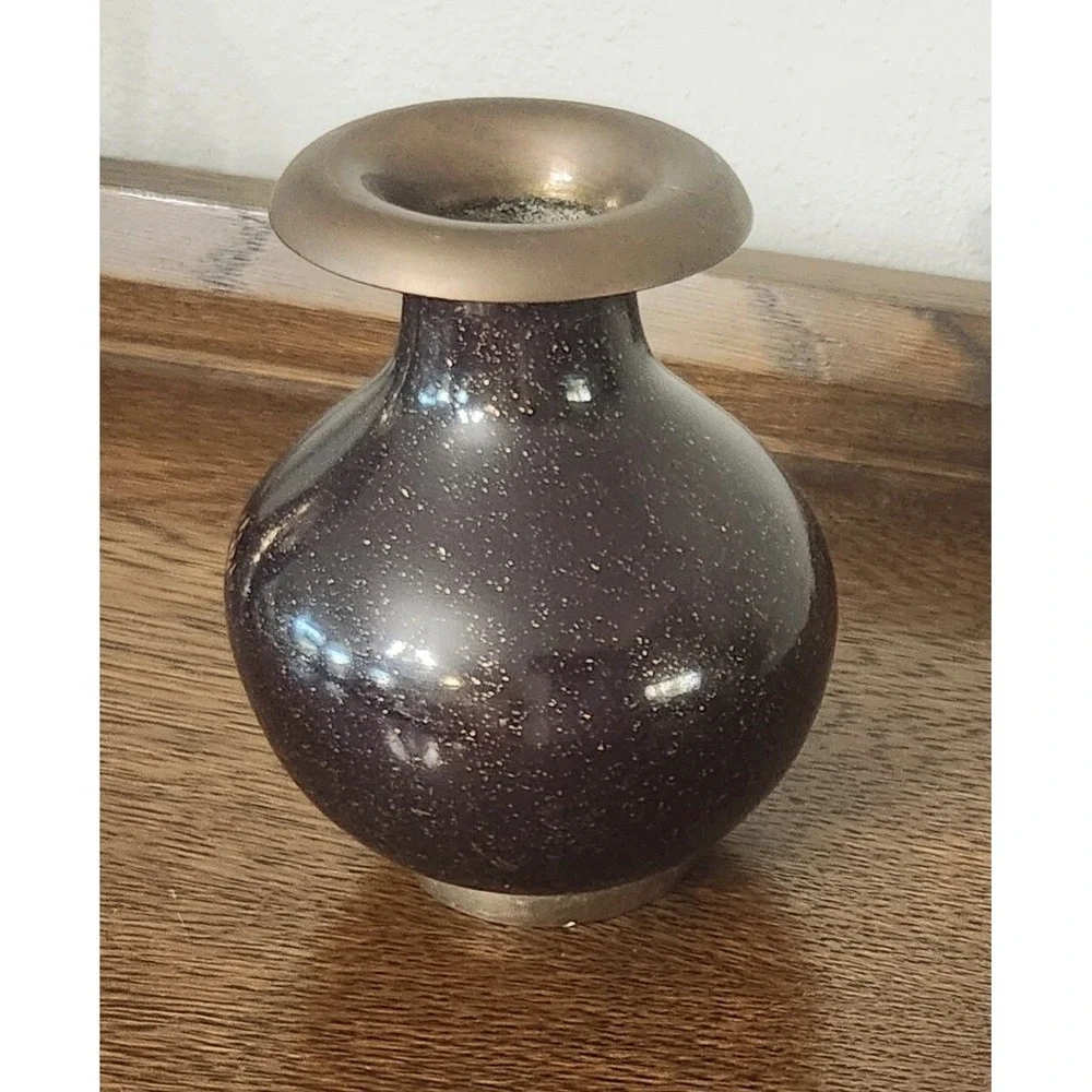 Vintage Solid Brass Enesco Vase‎ India Dark Purple Speckled Bulbous 6